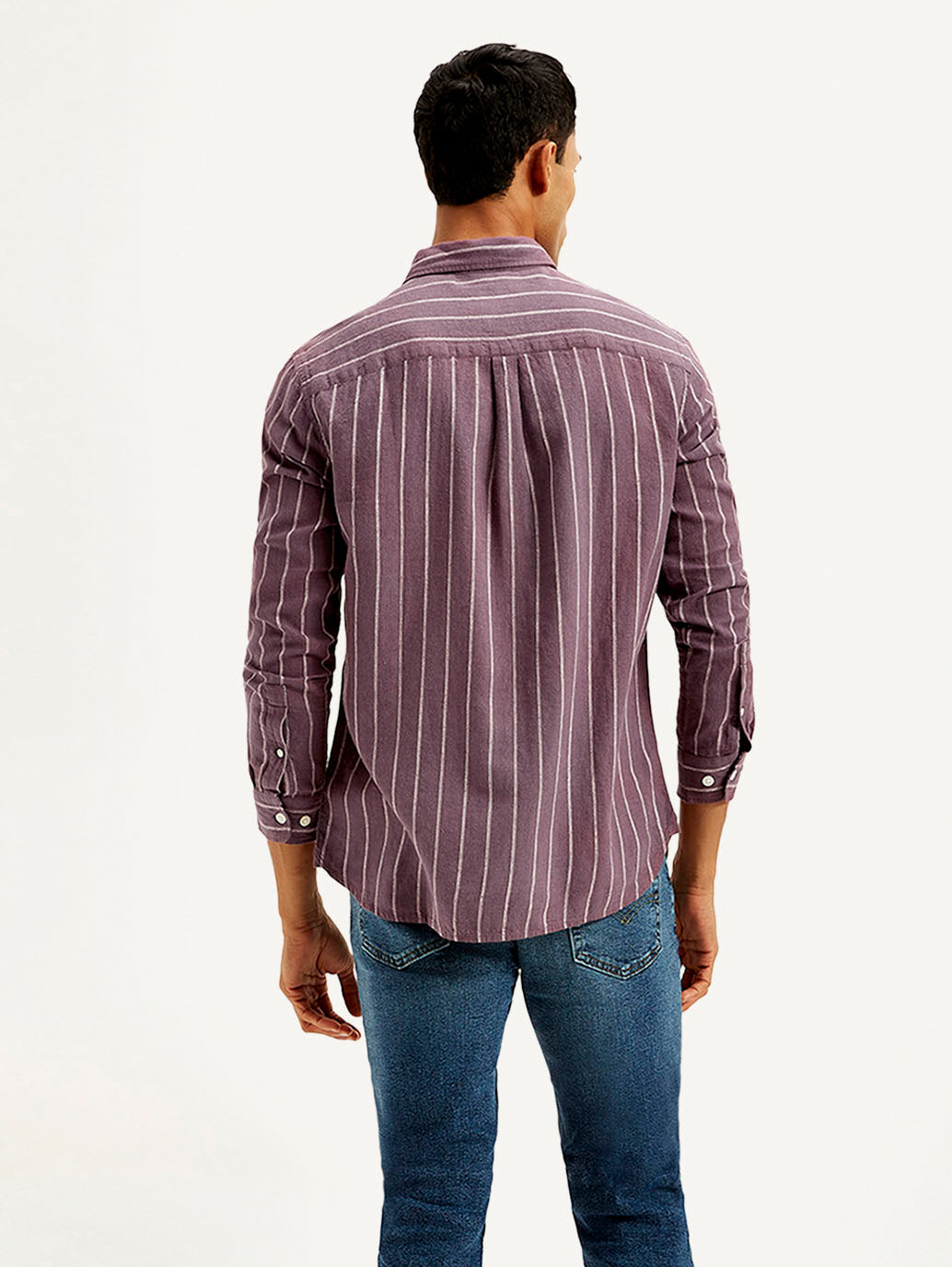 Men's Striped Slim Fit Linen Shirt - Back View