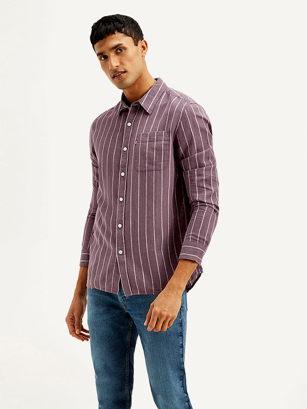 Men's Striped Slim Fit Linen Shirt - Side View
