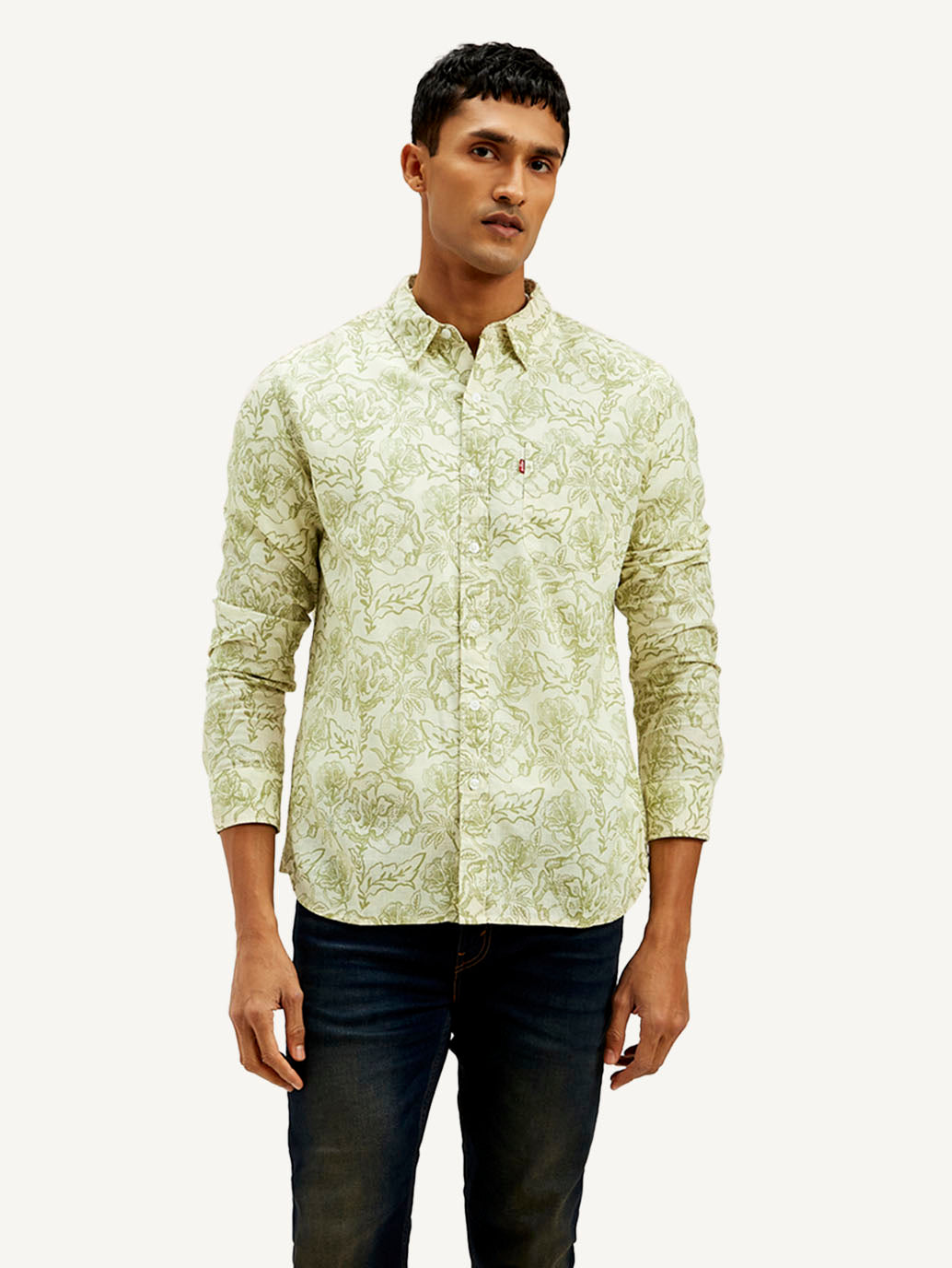 Men's Floral Slim Fit Linen Shirt - Front View