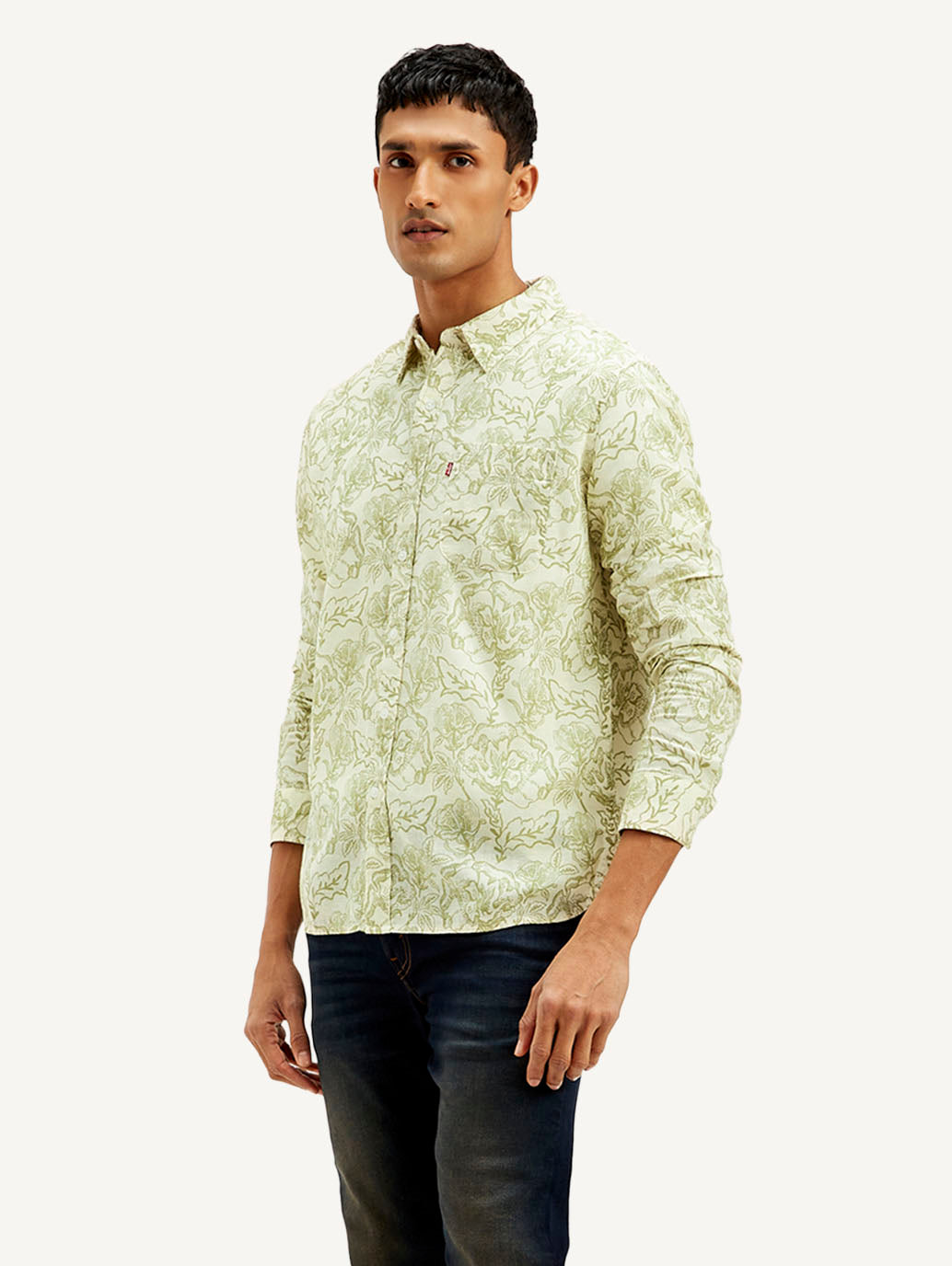 Men's Floral Slim Fit Linen Shirt - Side View