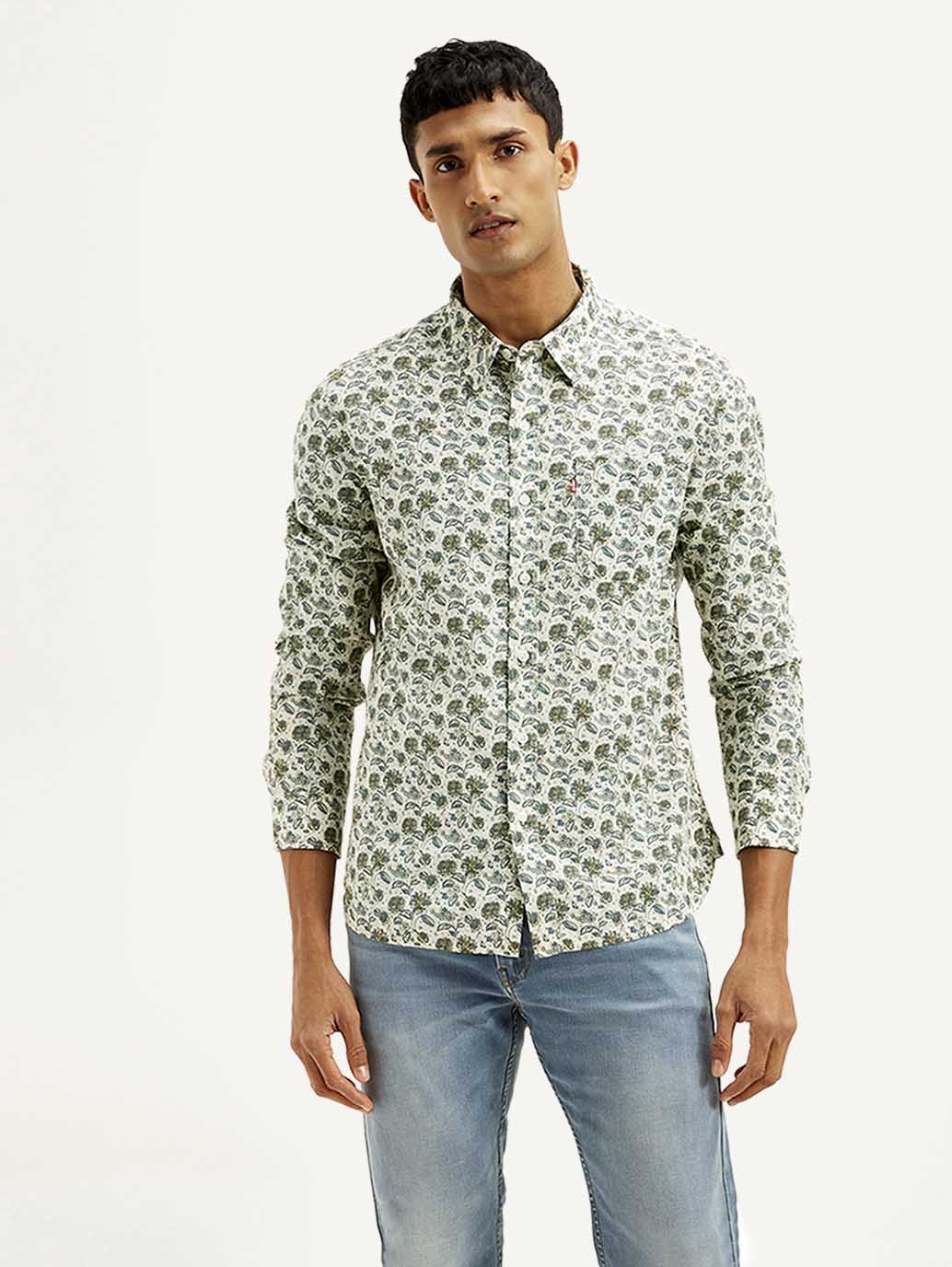 Men's Floral Slim Fit Linen Shirt - Front View