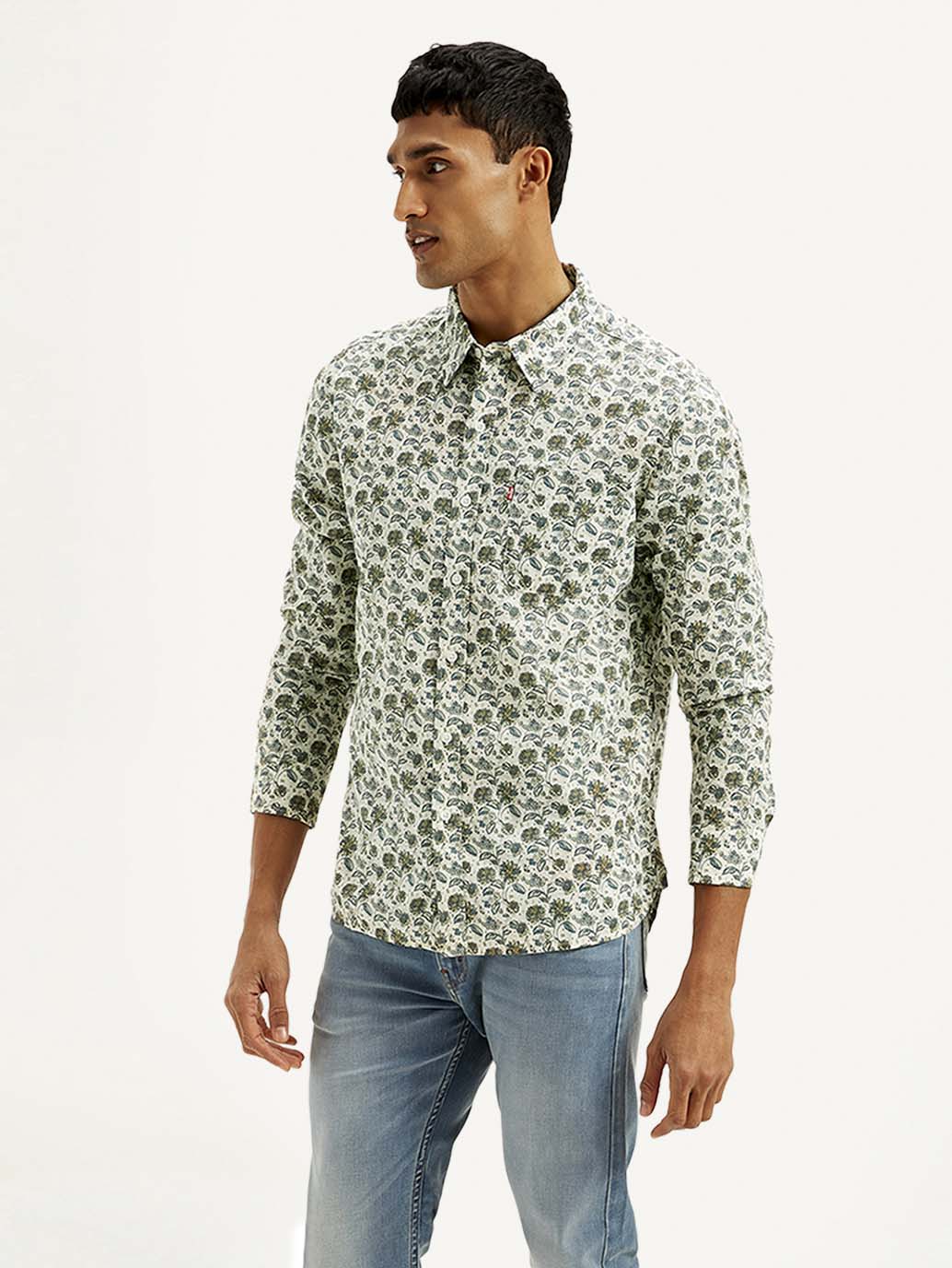 Men's Floral Slim Fit Linen Shirt - Side View