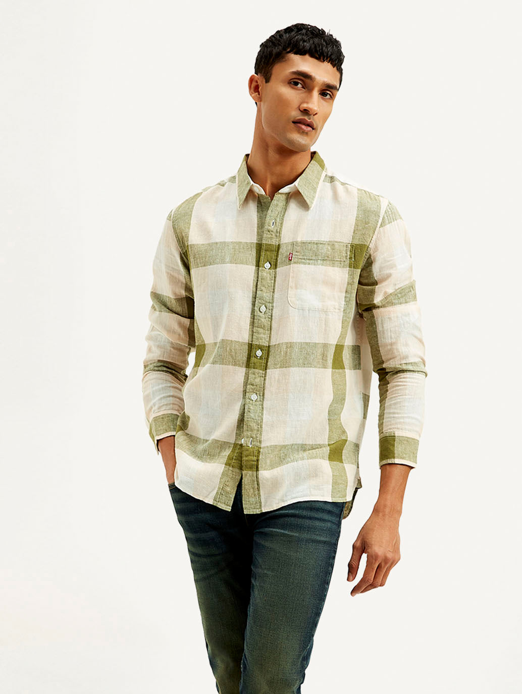 Men's Checkered Slim Fit Linen Shirt - Styleshot View
