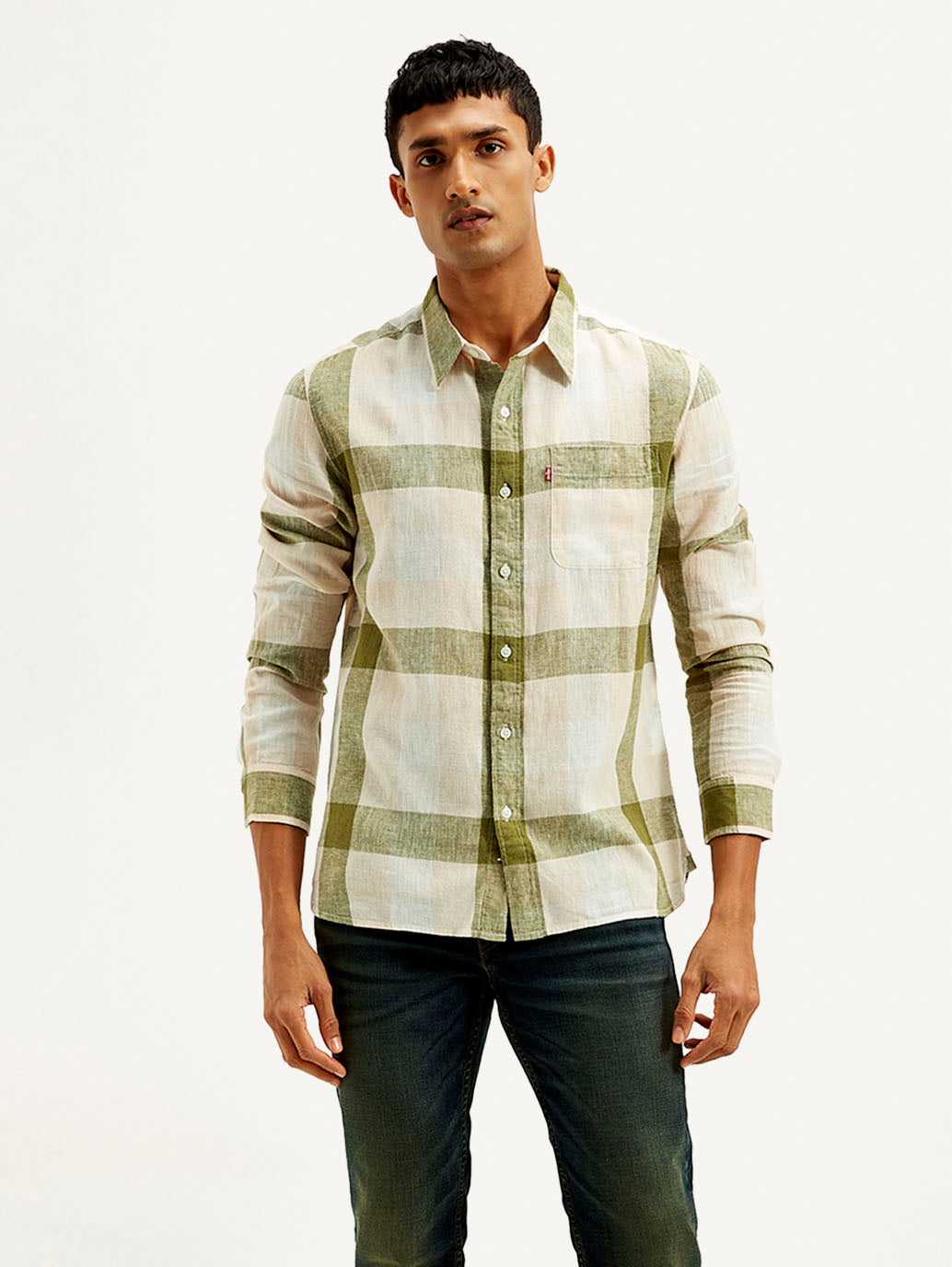 Men's Checkered Slim Fit Linen Shirt - Front View