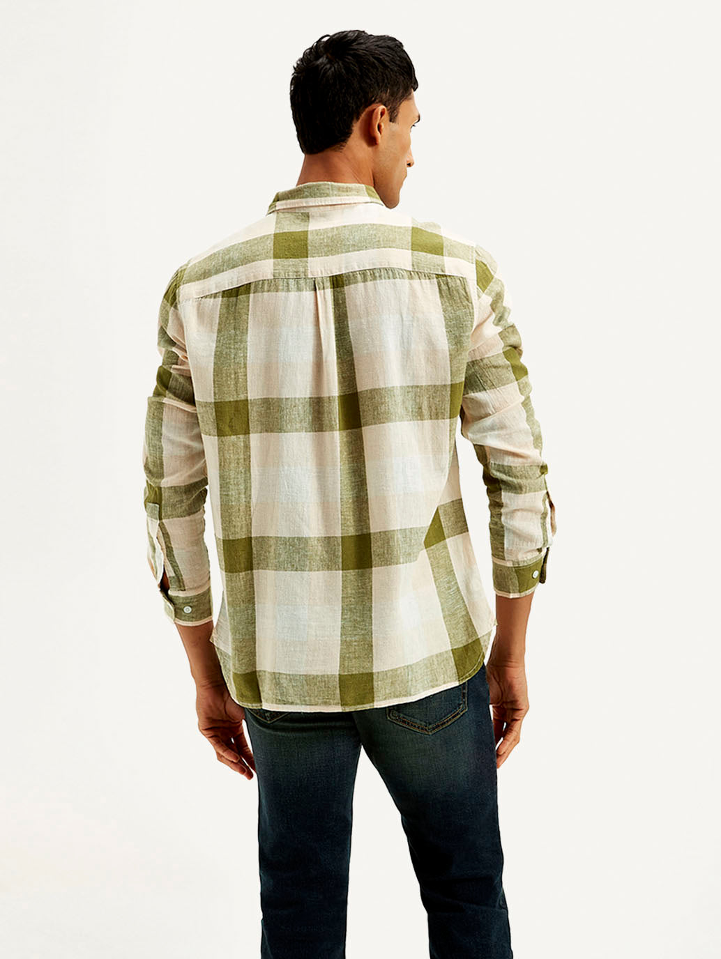 Men's Checkered Slim Fit Linen Shirt - Back View