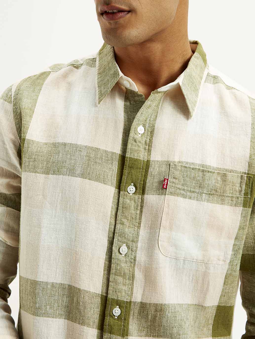 Men's Checkered Slim Fit Linen Shirt - Detail View