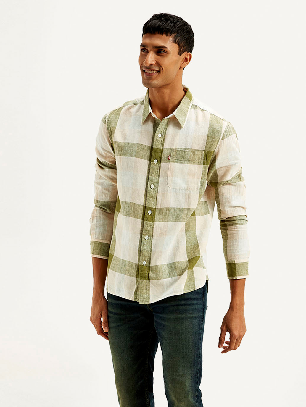 Men's Checkered Slim Fit Linen Shirt - Side View