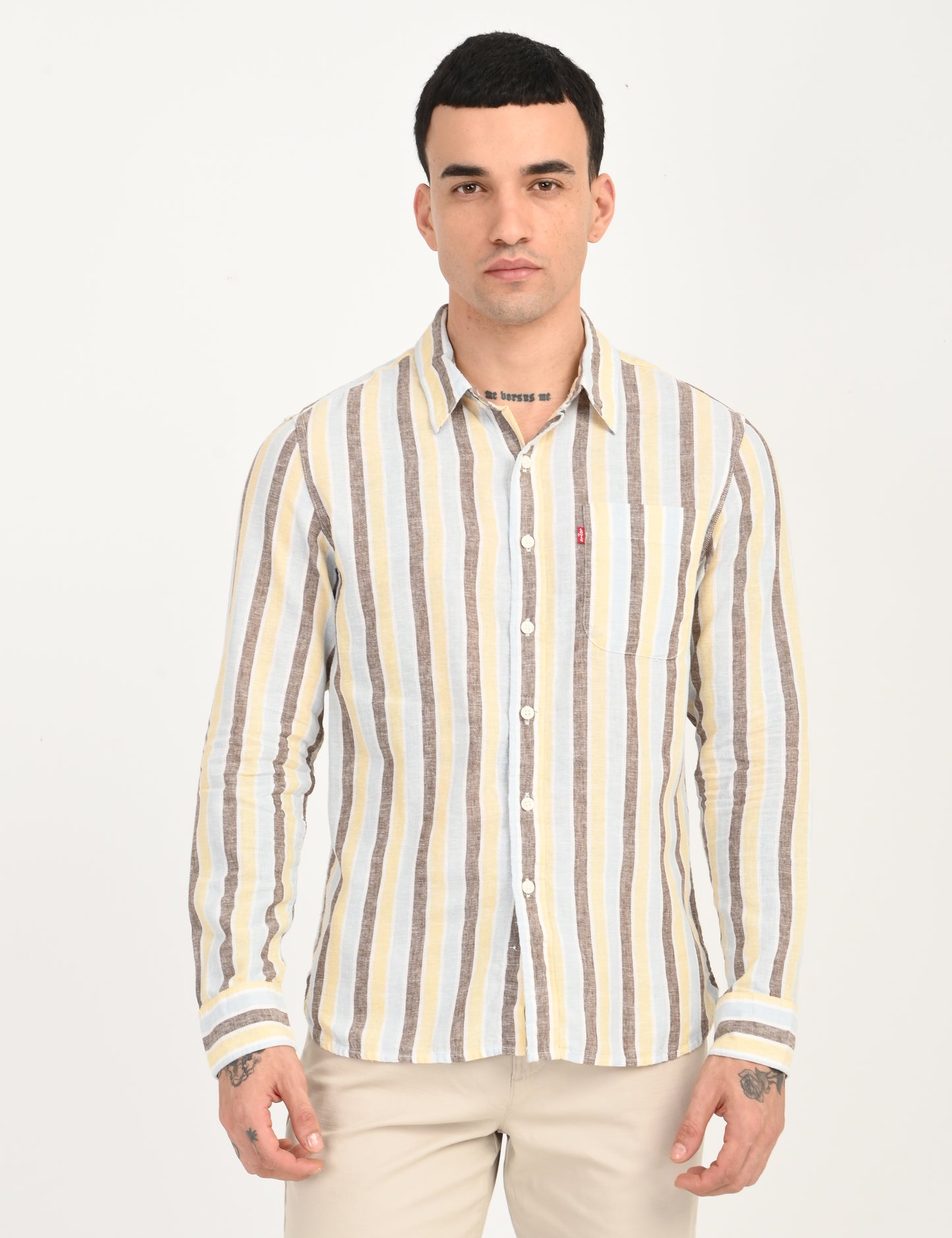 Men's Striped Multi Color Slim Fit Linen Shirt - frount View