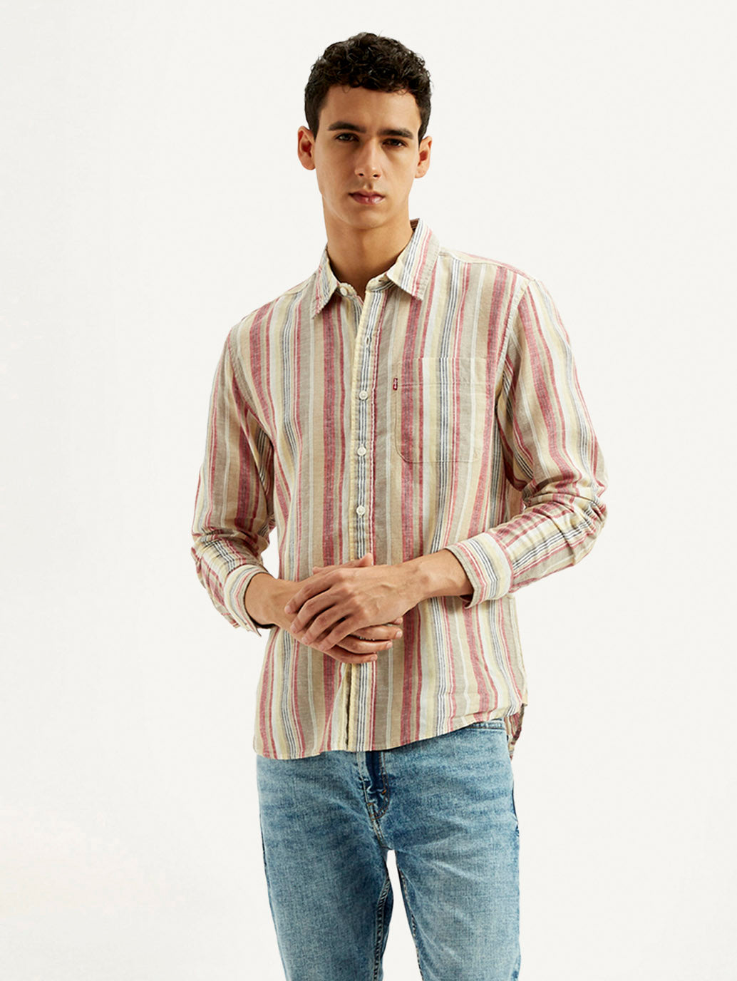 Men's Striped Slim Fit Linen Shirt - Styleshot View