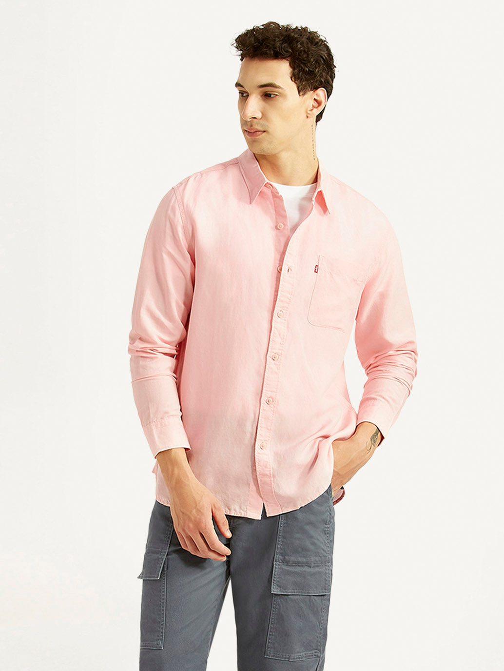 Men's Solid Light-Pink Slim Fit Linen Shirt - Styleshot View