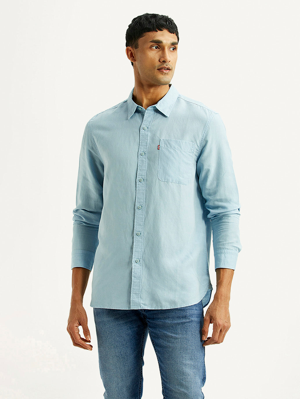Men's Solid Light Blue Slim Fit Linen Shirt - Front View
