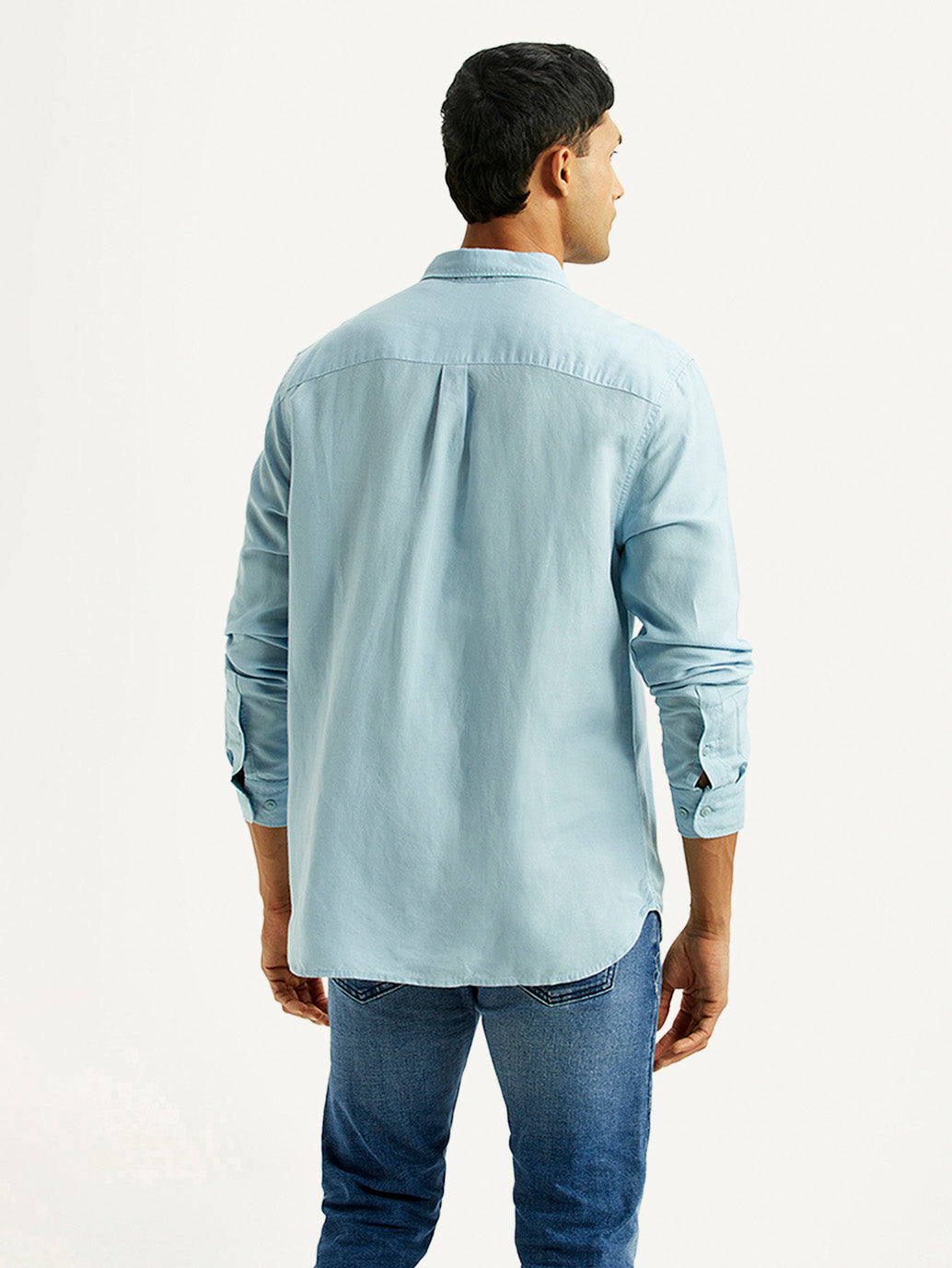 Men's Solid Light Blue Slim Fit Linen Shirt - Back View