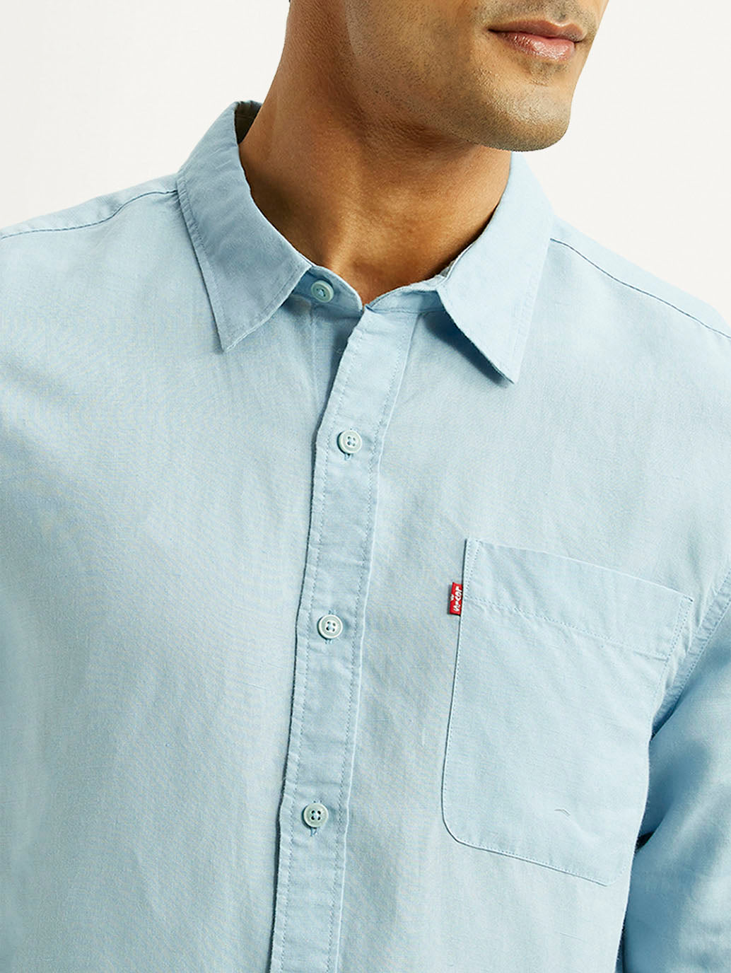 Men's Solid Light Blue Slim Fit Linen Shirt - Detail View