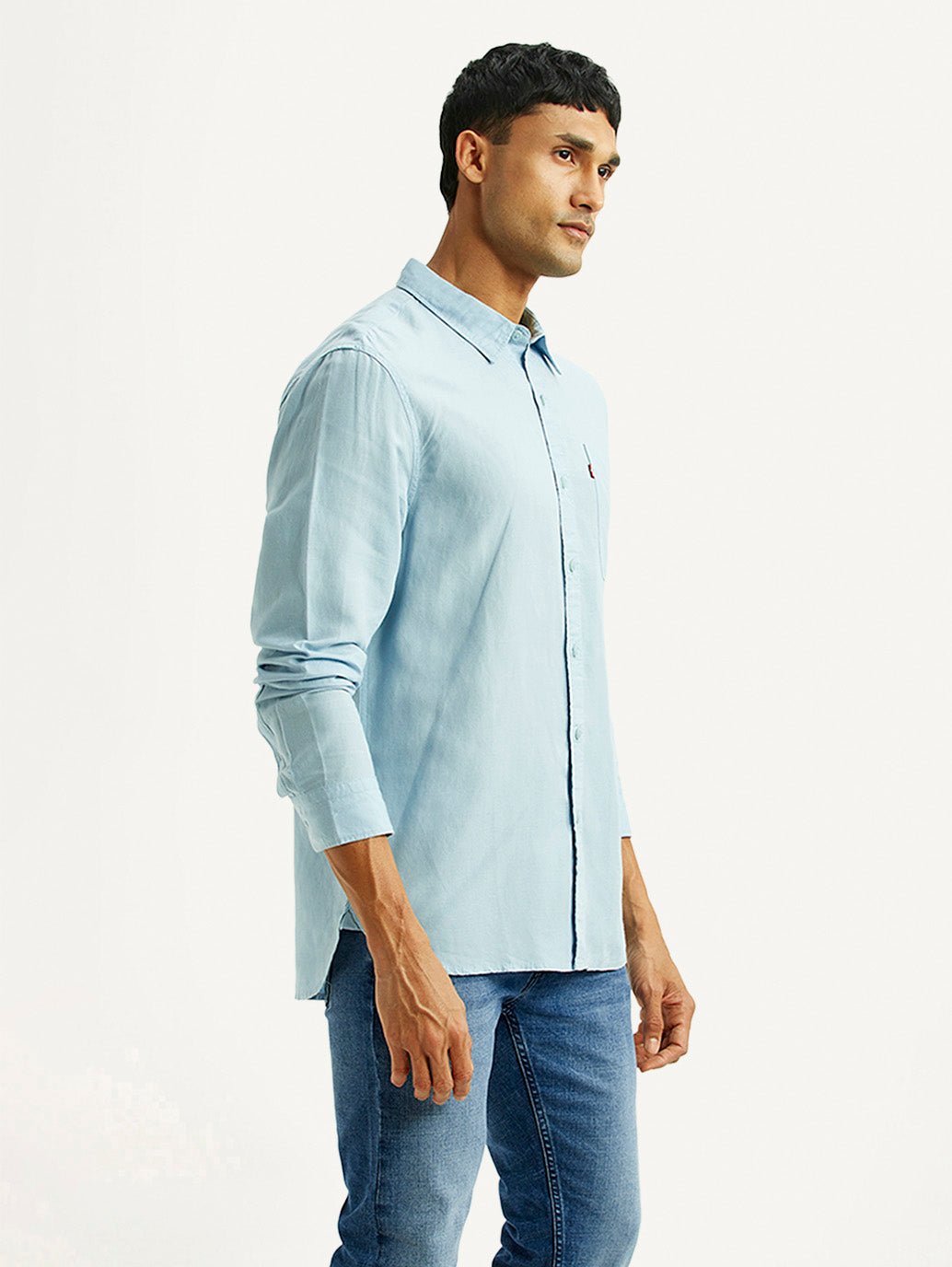 Men's Solid Light Blue Slim Fit Linen Shirt - Side View