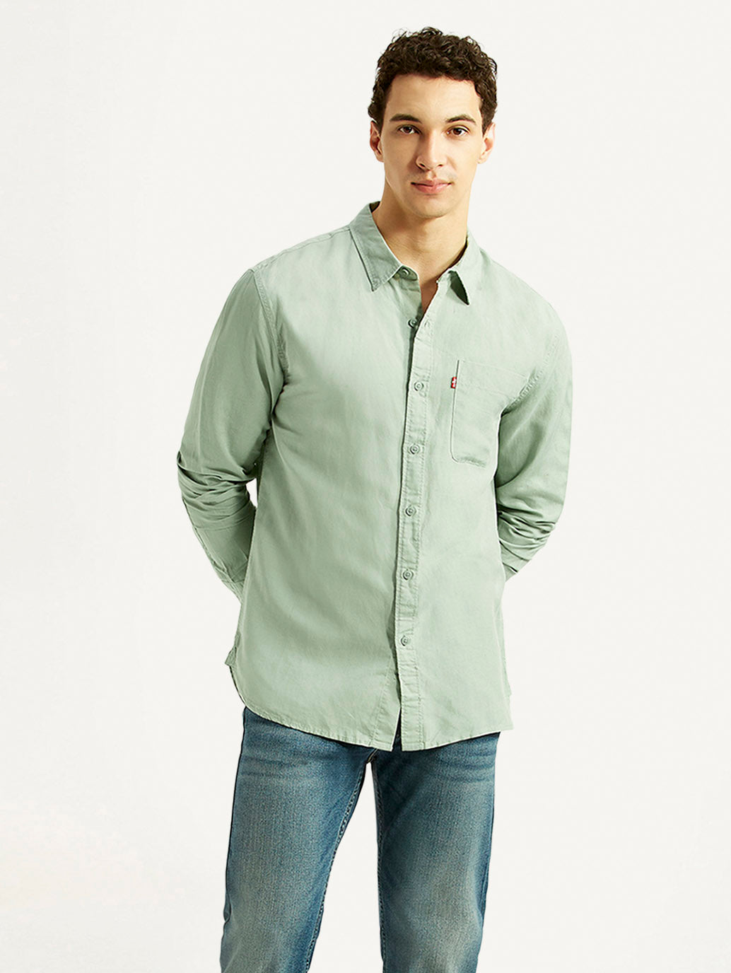 Men's Solid Light Green Slim Fit Linen Shirt - Styleshot View