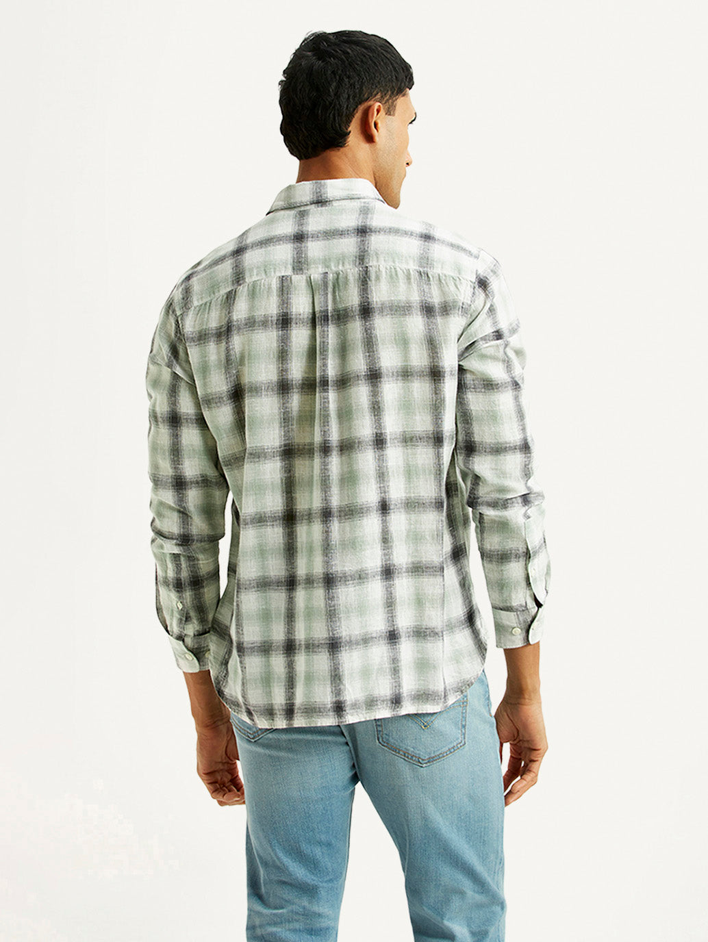 Men's Checkered Multicolor Slim Fit Linen Shirt - Back View