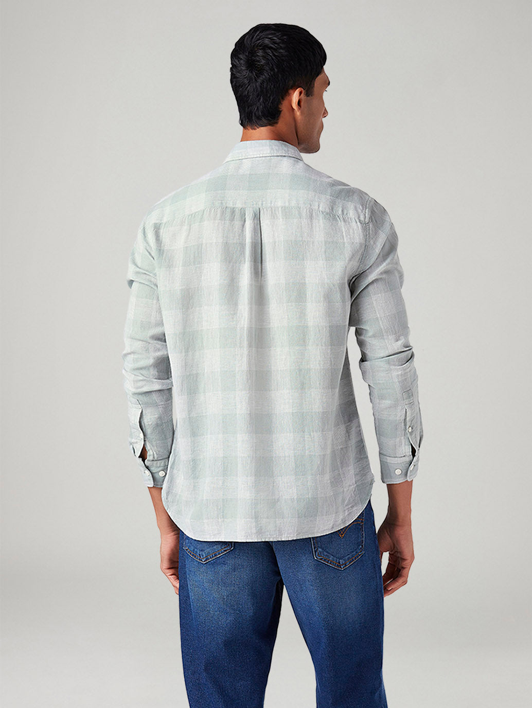 Men's Checkered Slim Fit Linen Shirt - Back View