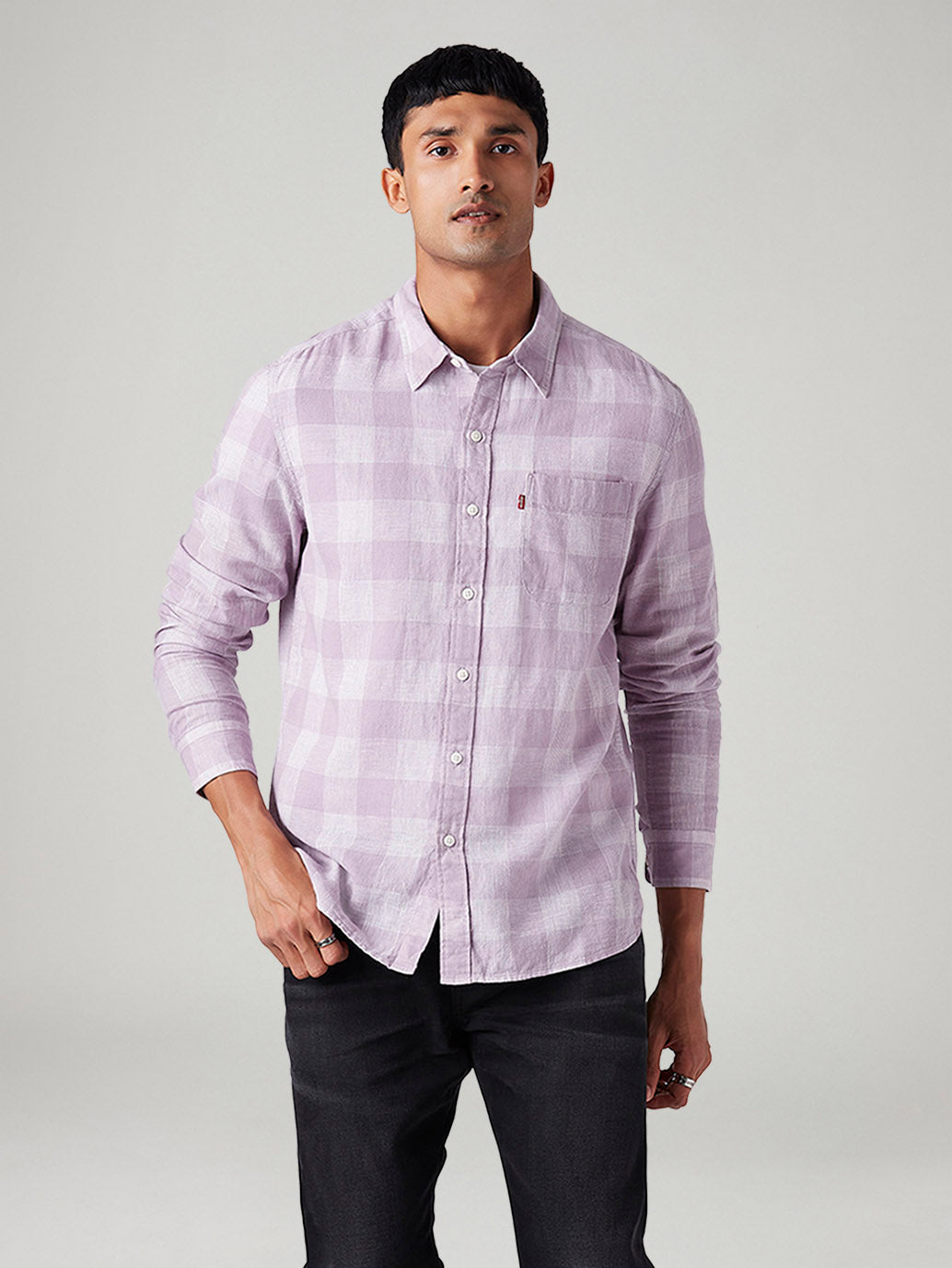 Men's Checkered Slim Fit Linen Shirt - Front View