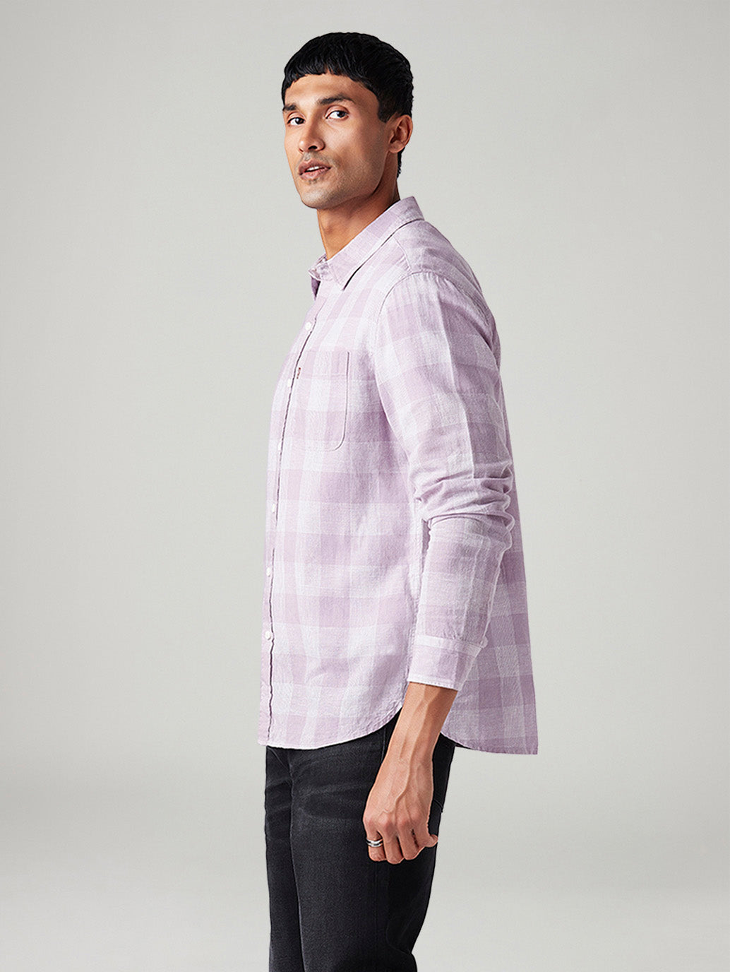 Men's Checkered Slim Fit Linen Shirt - Side View