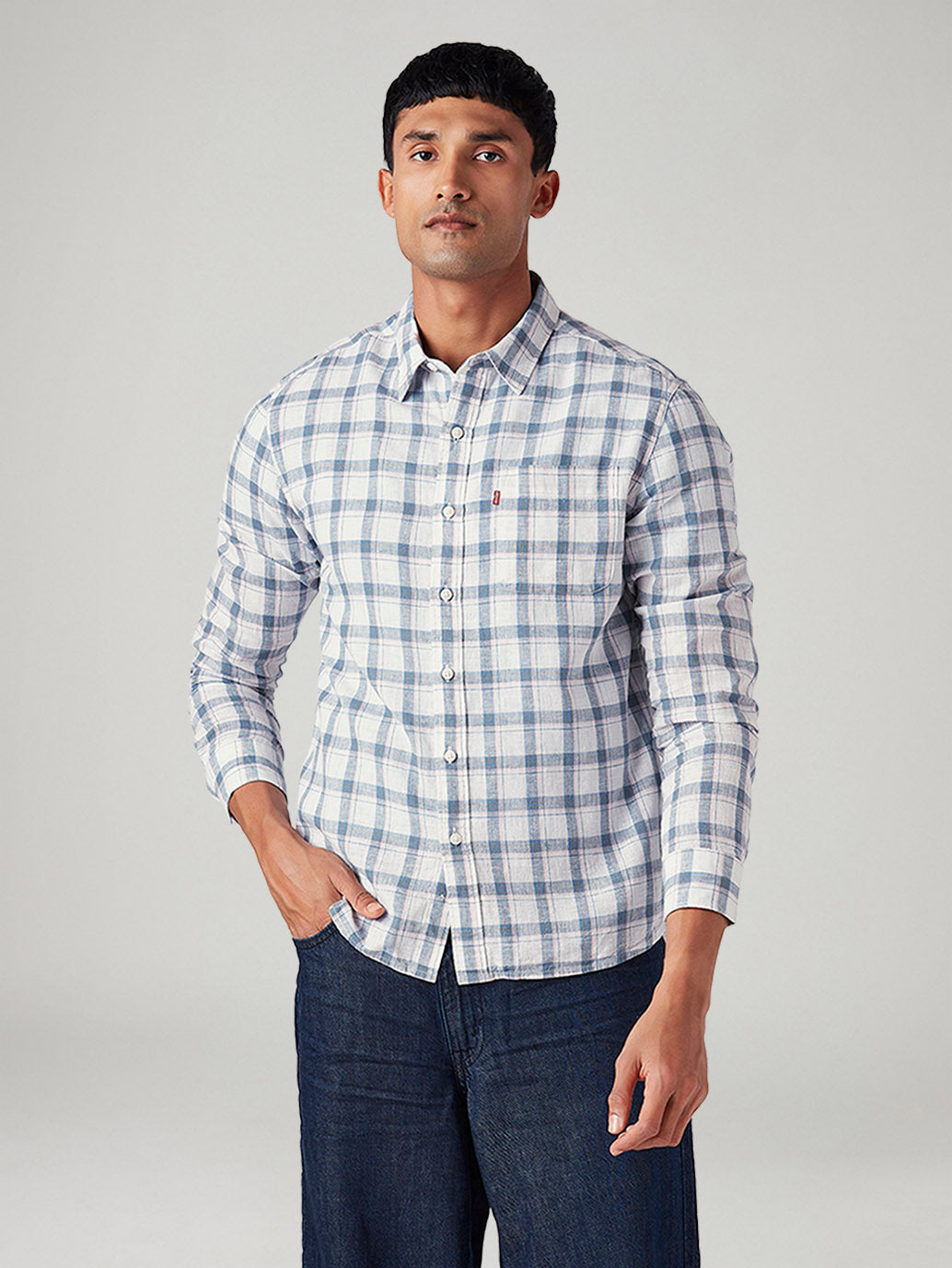 Men's Checkered Slim Fit Linen Shirt - Front View