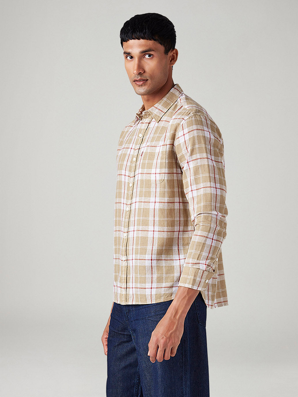 Men's Checkered Slim Fit Linen Shirt - Side View