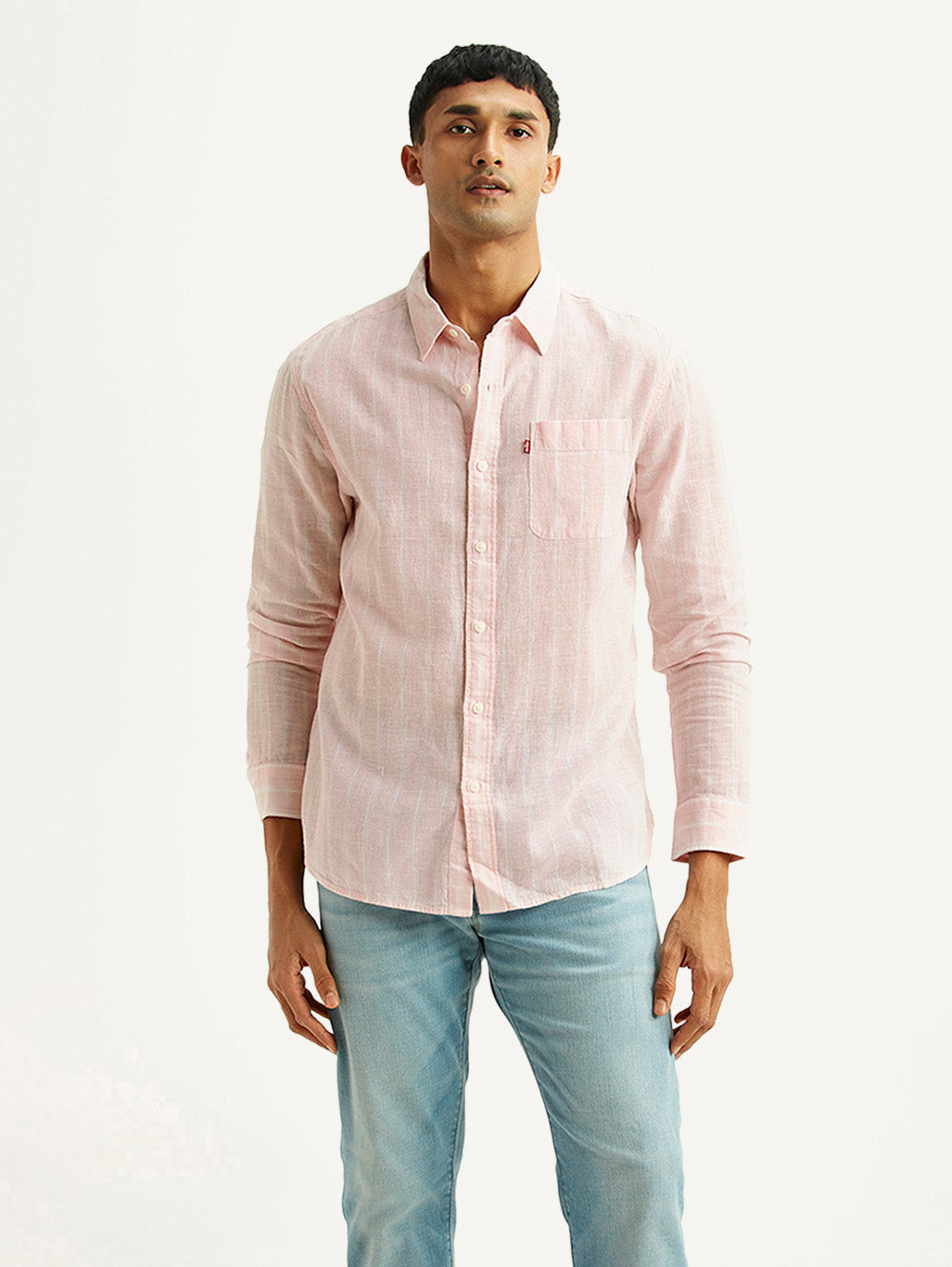 Men's Striped Light Pink Slim Fit Linen Shirt