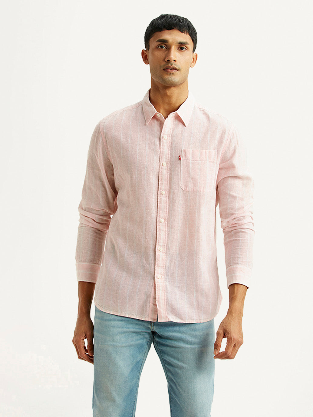 Men's Striped Light Pink Slim Fit Linen Shirt - Front View