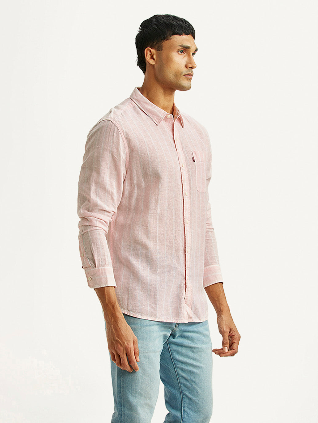 Men's Striped Light Pink Slim Fit Linen Shirt - Side View