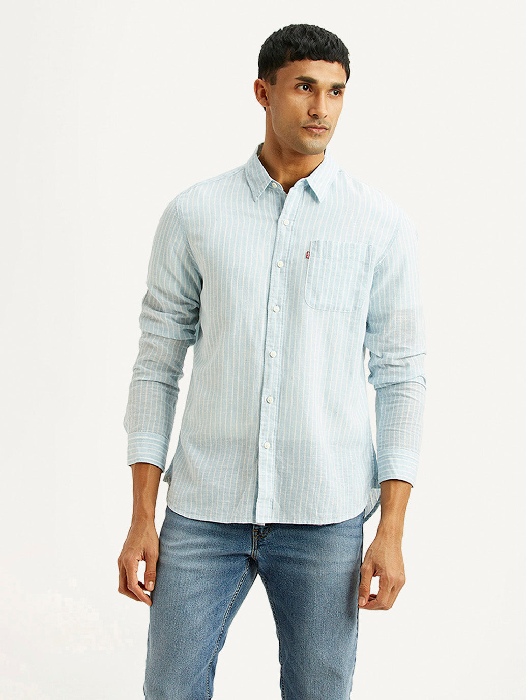 Men's Striped Light Blue Slim Fit Linen Shirt - Front View