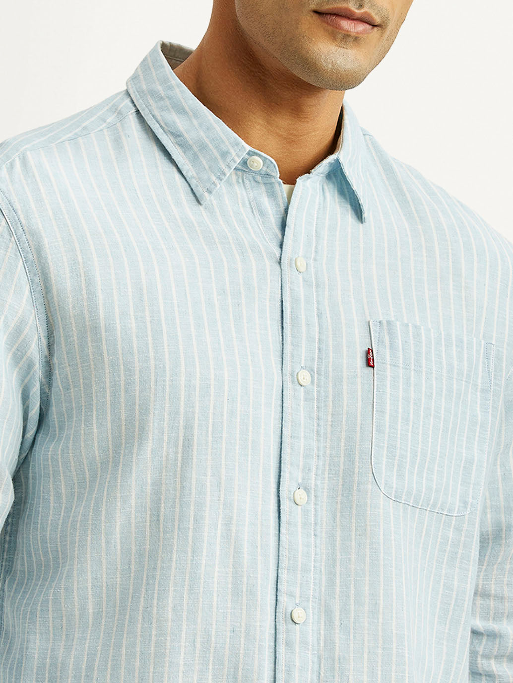 Men's Striped Light Blue Slim Fit Linen Shirt - Detail View