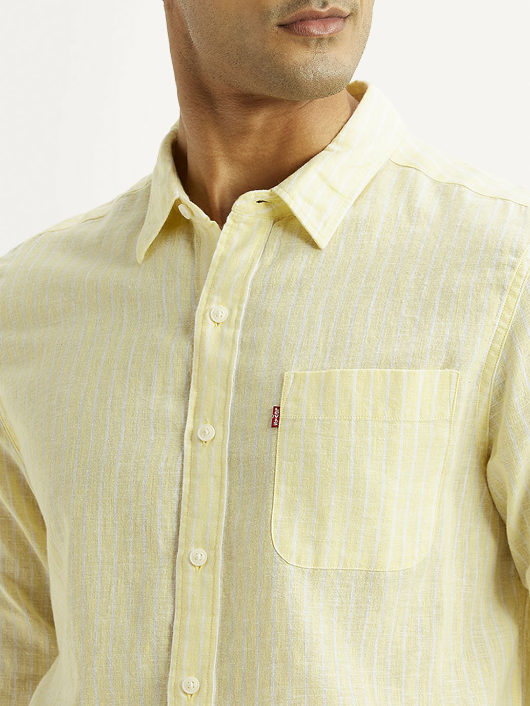 Men's Striped Yellow Slim Fit Linen Shirt - Detail View