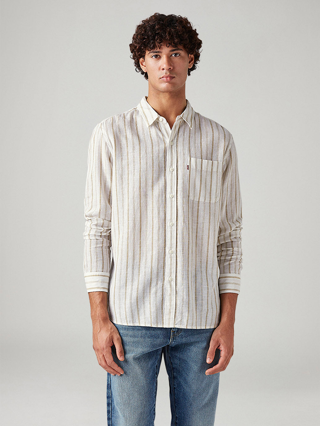 Men's Striped Slim Fit Linen Shirt - Front View