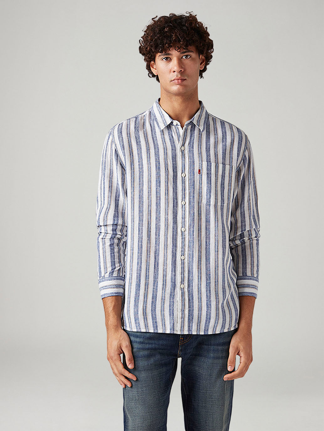 Men's Striped Slim Fit Linen Shirt - Front View