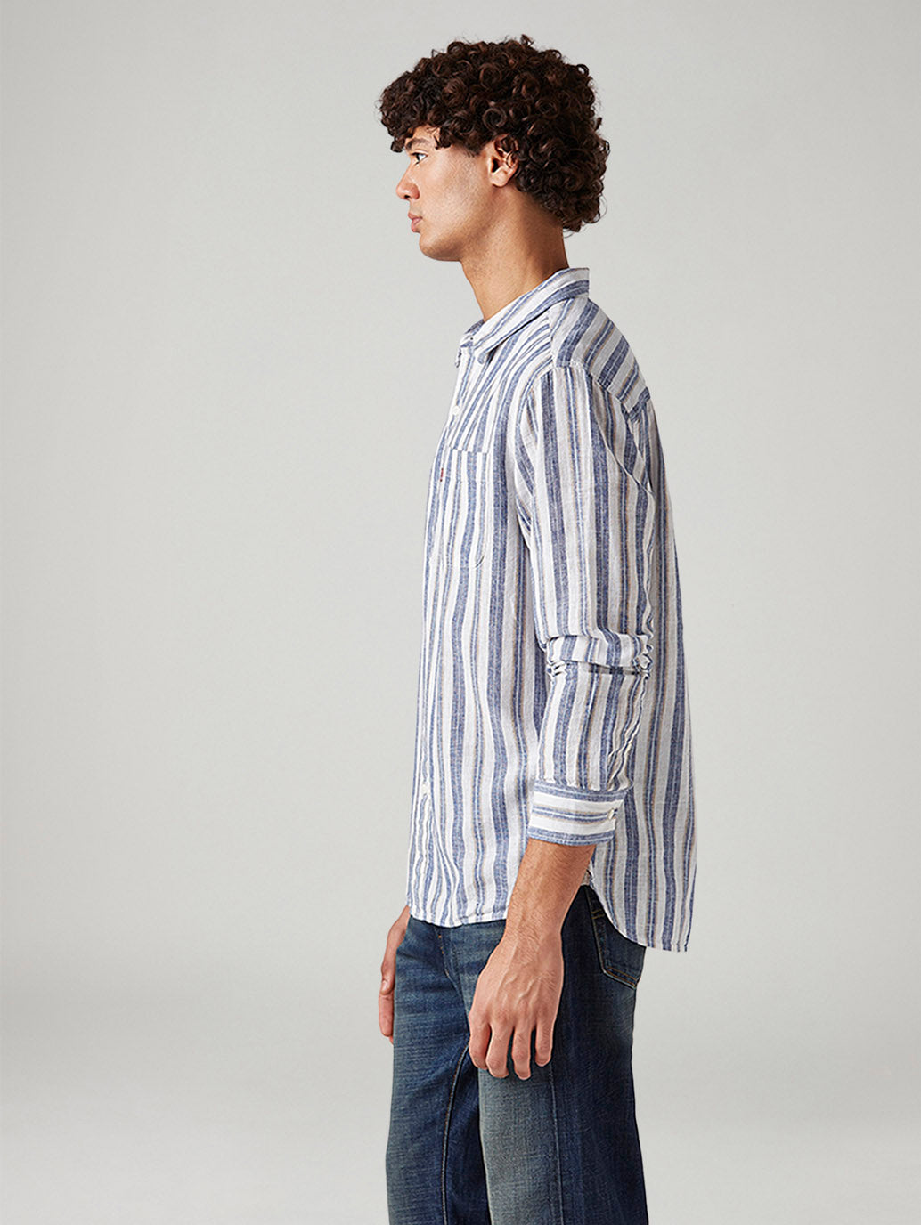 Men's Striped Slim Fit Linen Shirt - Side View