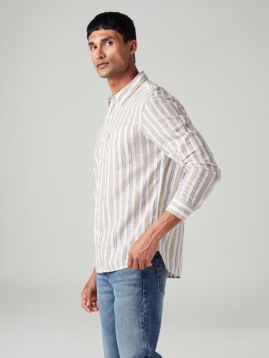 Men's Striped Slim Fit Linen Shirt - Side View