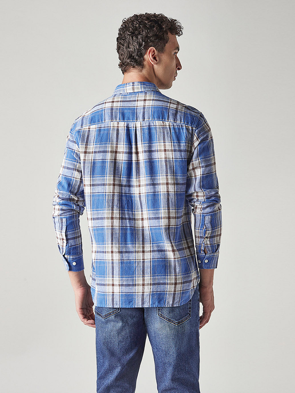 Men's Checkered Slim Fit Linen Shirt - Back View