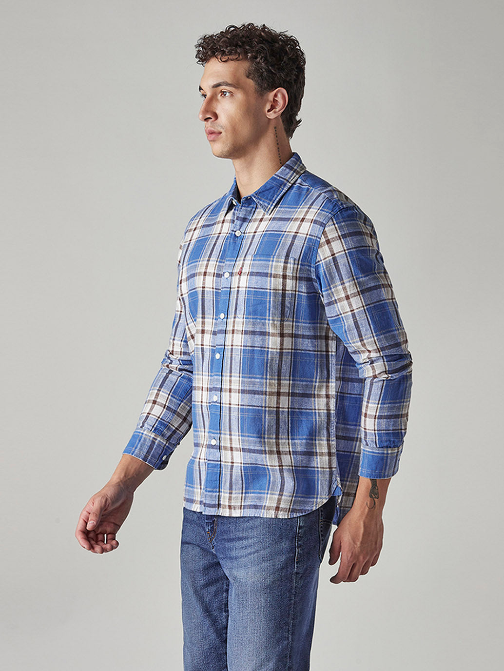 Men's Checkered Slim Fit Linen Shirt - Side View