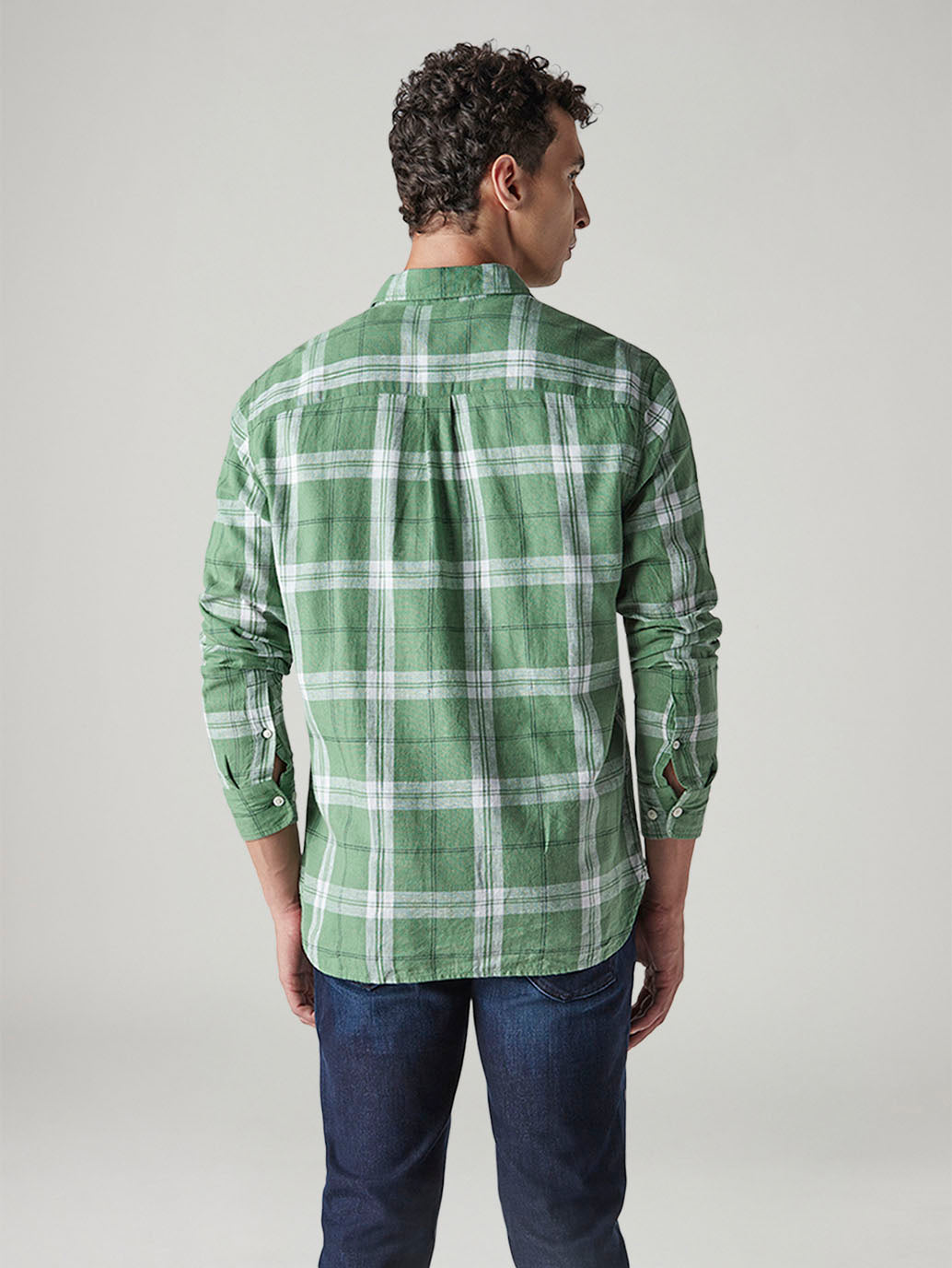 Men's Checkered Slim Fit Linen Shirt - Back View