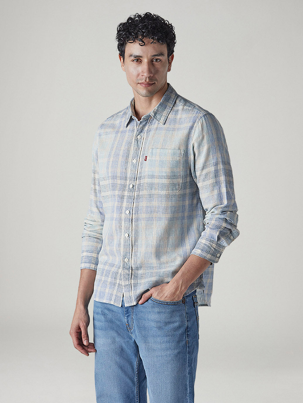 Men's Checkered Slim Fit Linen Shirt - Side View