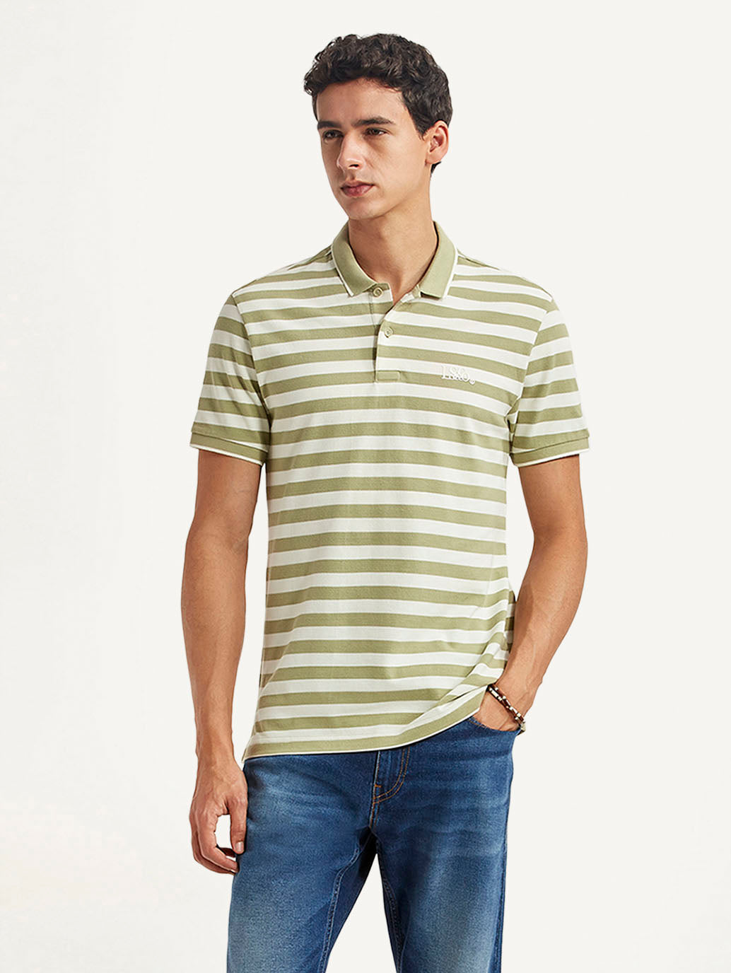Men's Striped Olive Slim Fit Polo T-shirt - Styleshot View