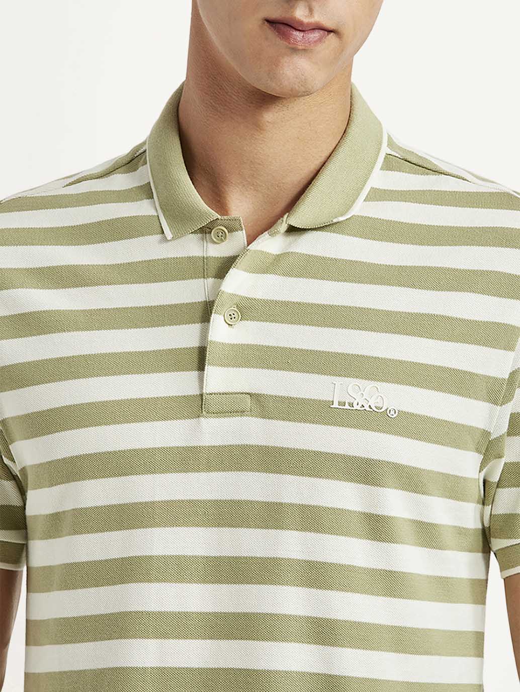 Men's Striped Olive Slim Fit Polo T-shirt - Detail View