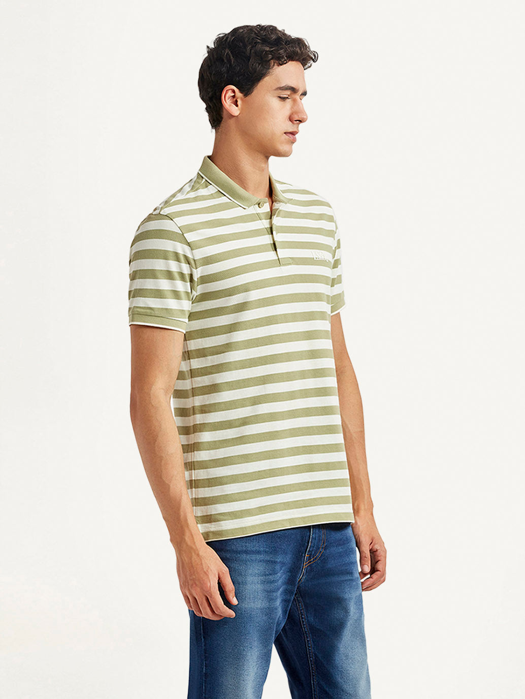 Men's Striped Olive Slim Fit Polo T-shirt - Side View
