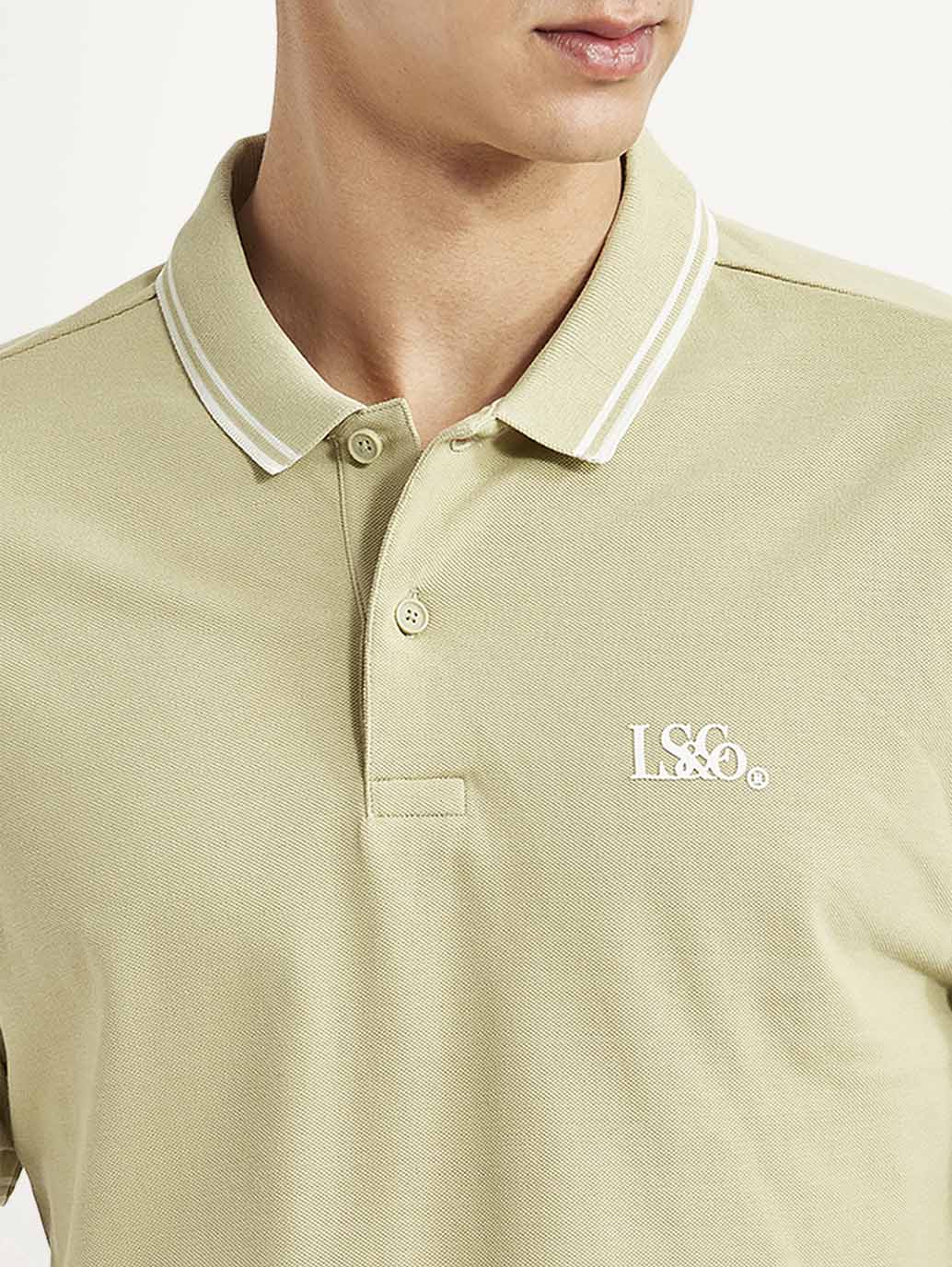 Men's Solid Beige Slim Fit Polo T-shirt - Detail View
