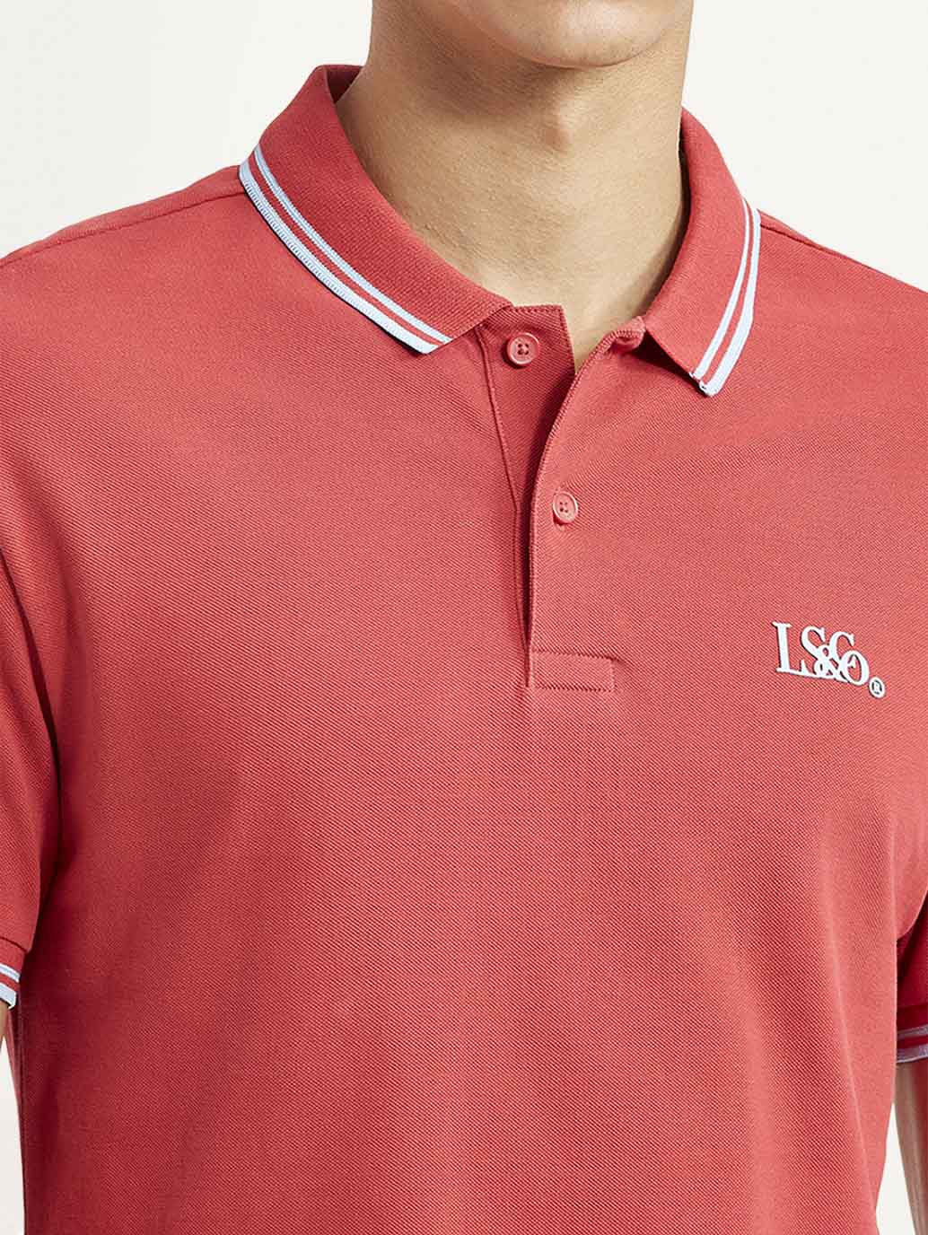 Men's Solid Red Slim Fit Polo T-shirt - Detail View