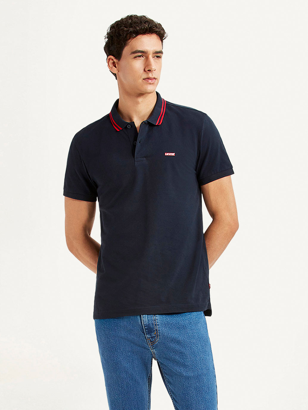 Men's Solid Navy Slim Fit Polo T-shirt - Styleshot View