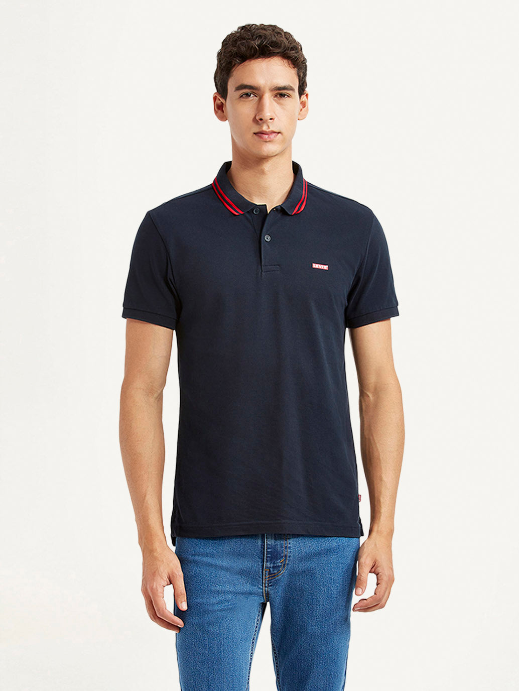 Men's Solid Navy Slim Fit Polo T-shirt - Front View