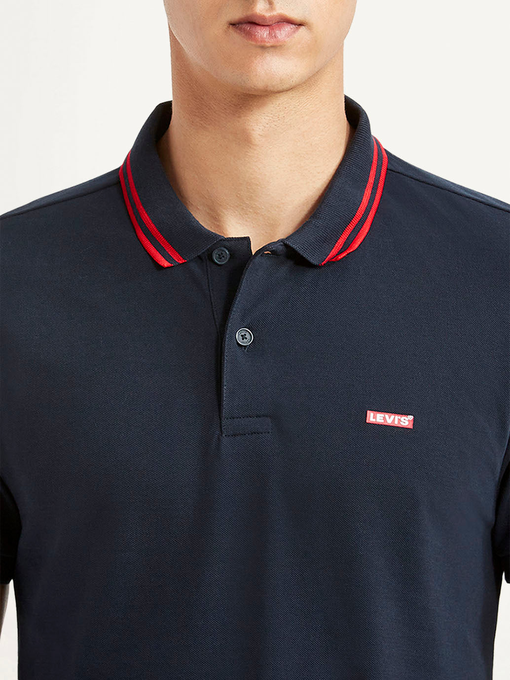 Men's Solid Navy Slim Fit Polo T-shirt - Detail View