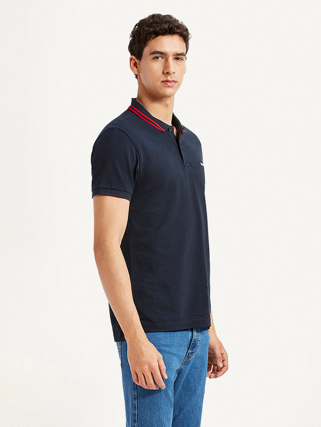 Men's Solid Navy Slim Fit Polo T-shirt - Side View
