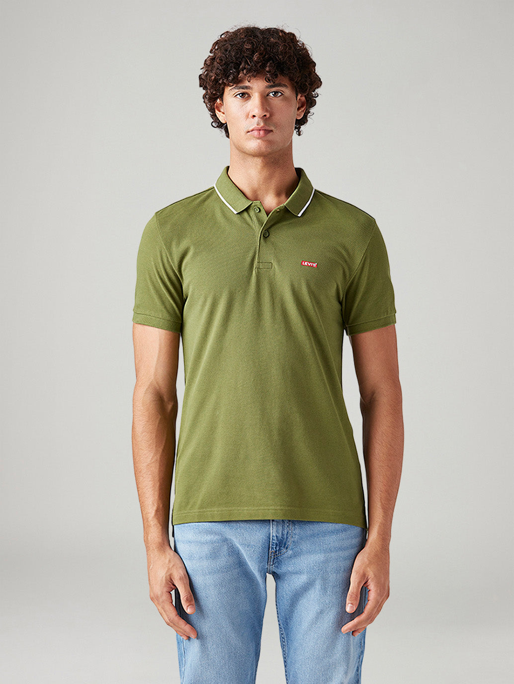Men's Solid Olive Slim Fit Polo T-shirt - Front View