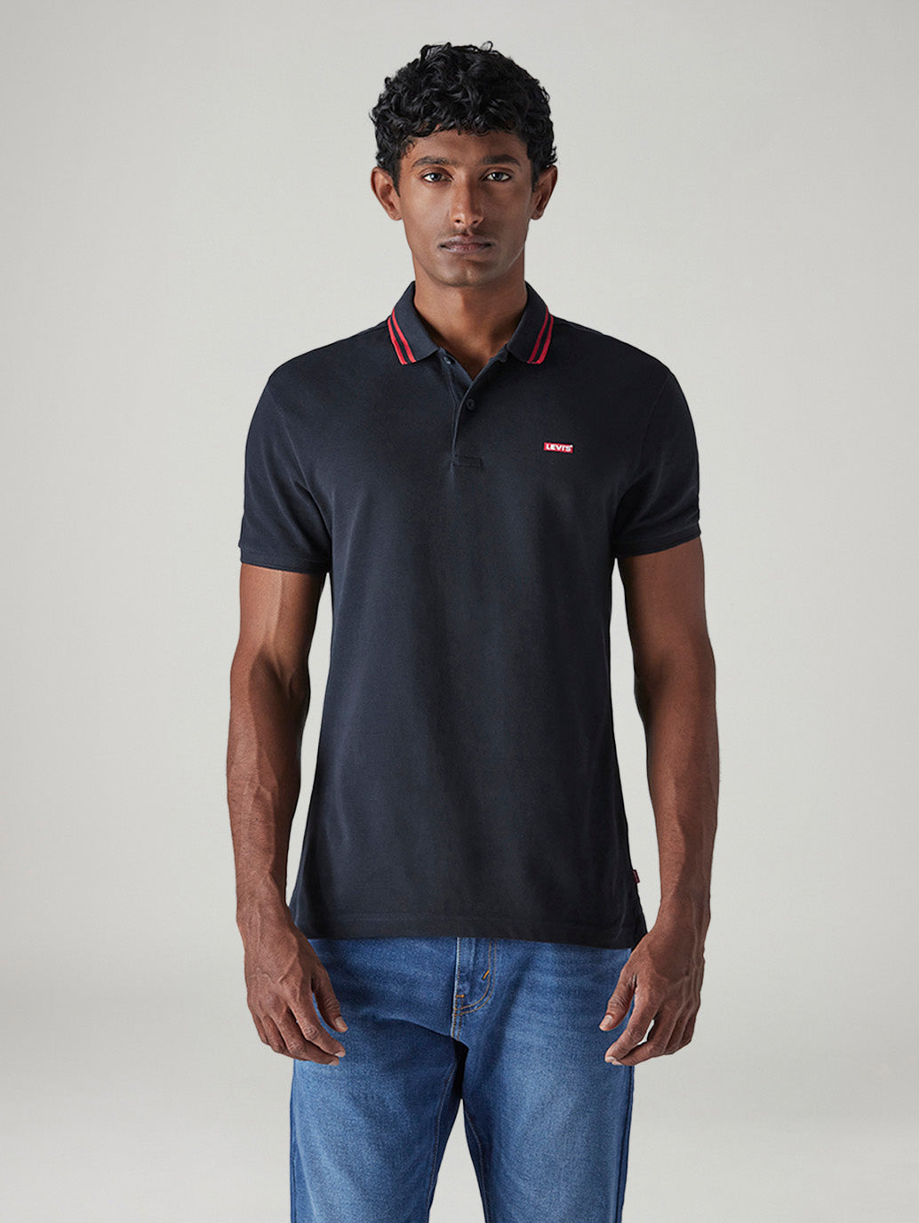 Men's Solid Black Slim Fit Pique Polo T-shirt - Front View